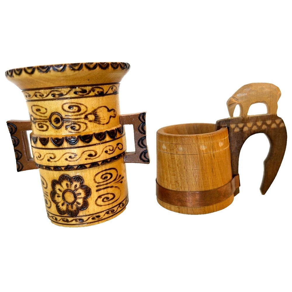 Vintage Slovak Folk Art Wood Carved Črpák Mug & Double Handled Pyrography Goblet